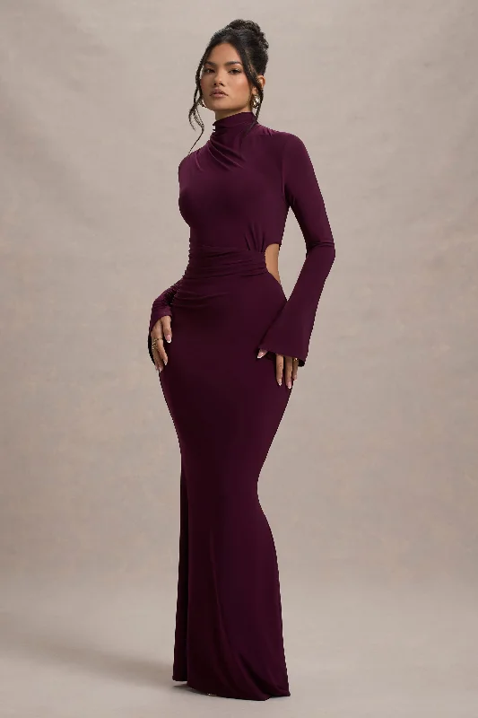 ladies-maxi-dress-tall-treasure-Anderson | Burgundy High-Neck Cut-Out Maxi Dress