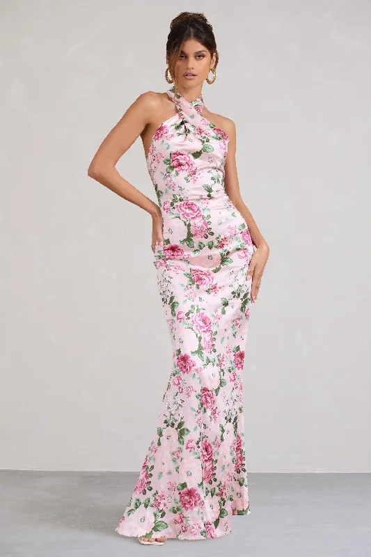 ladies-maxi-dress-matte-muse-Unstoppable | Pink Floral Print Satin Cross Over Halter Neck Maxi Dress