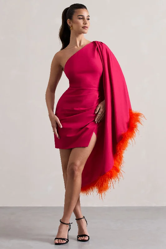 Women's mini dress field glow -Lyrika | Dark Pink Asymmetric Cape Sleeve Mini Dress With Feathers