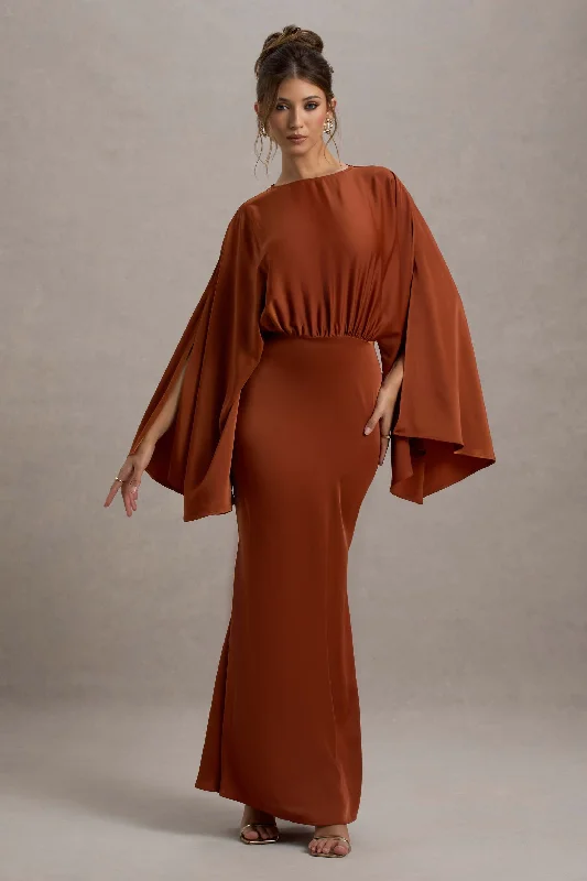 ladies-maxi-dress-mint-majesty-Zuzanna | Rust Draped Maxi Dress With Cape Sleeves