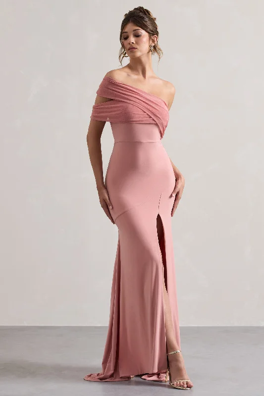 ladies-maxi-dress-pink-peace-Fused | Blush Asymmetric Bardot Split Maxi Dress