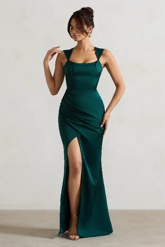 ladies-maxi-dress-taupe-tide-A Romantic | Bottle Green Satin Corset Wrap Maxi Dress