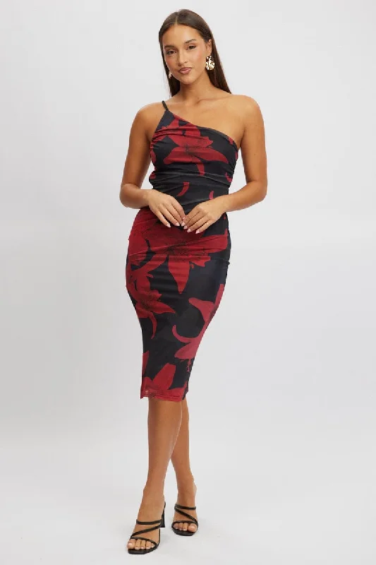 ladies-bodycon-dress-budget-babe-Black Floral Bodycon Dress One Shoulder