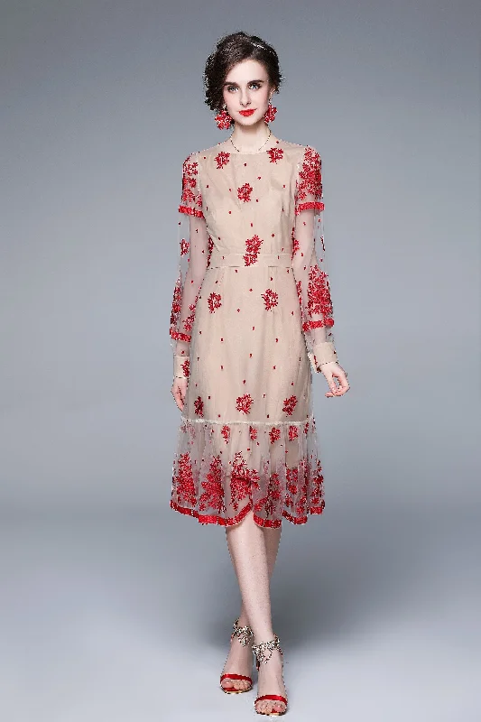 ladies-midi-dress-boho-breeze-Red & Apricot Evening A-line V-neck Long Sleeve Midi Lace Dress