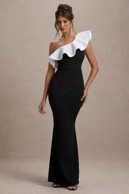 ladies-maxi-dress-royal-ripple-Berkley | Black & White Ruffled One-Shoulder Maxi Dress