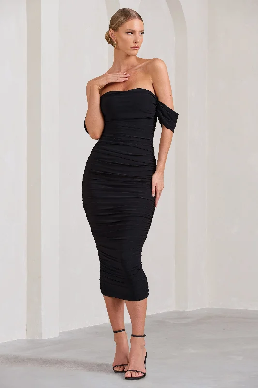 ladies-midi-dress-salmon-sweep-Lost For Words | Black Bardot Ruched Draped Midi Dress