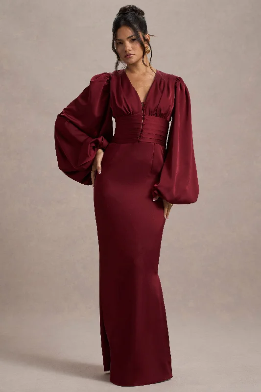 ladies-maxi-dress-elastic-ease-Helsinki | Berry Satin V-Neck Balloon Sleeve Maxi Dress