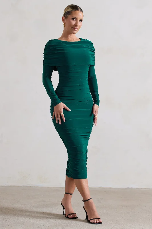 ladies-midi-dress-metallic-muse-Lea | Bottle Green Long Sleeve Ruched Midi Dress with Draped Bardot Overlay