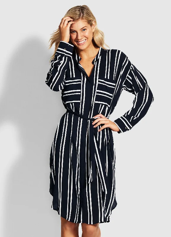 Women's shirt dress arc glow -Summer Sea Stripe Shirt Dress - Navy Stripe