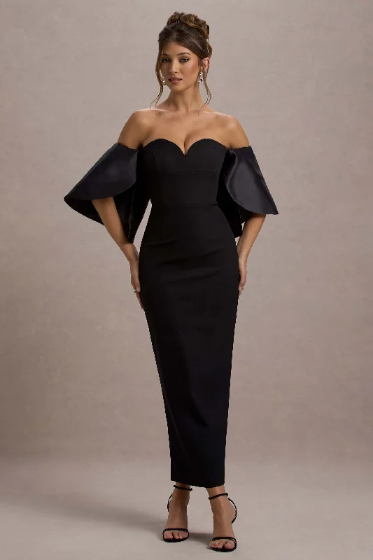 ladies-maxi-dress-pearl-poise-Dalani | Black Corset Maxi Dress With Satin Puff Sleeves