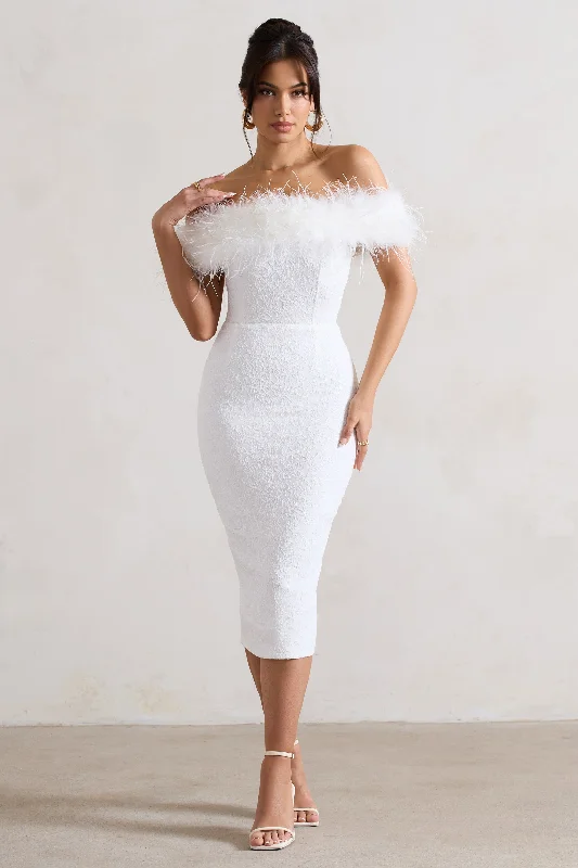 ladies-midi-dress-cinnamon-calm-Maiden | White Lace Bardot Midi Dress With Feather Trim