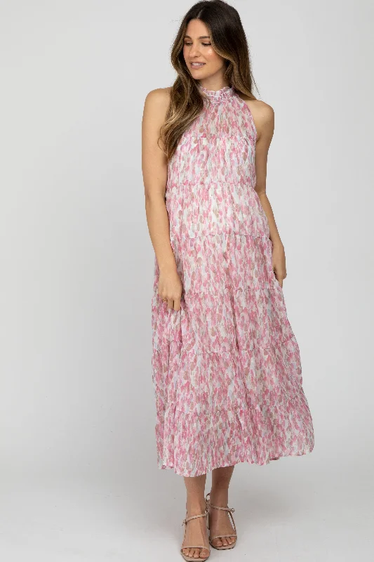 ladies-midi-dress-weekend-whisper-Pink Printed Sleeveless Tiered Maternity Midi Dress