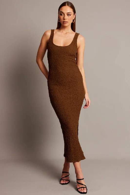 ladies-bodycon-dress-beige-bop-Brown Bodycon Dress Sleeveless Textured