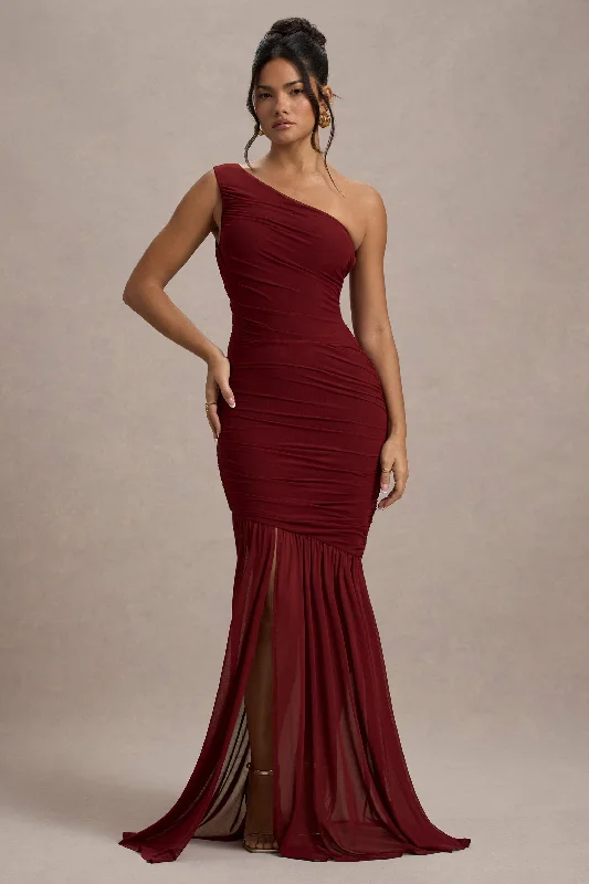 ladies-maxi-dress-playful-prance-Bastia | Burgundy Ruched Mesh Asymmetric Maxi Dress