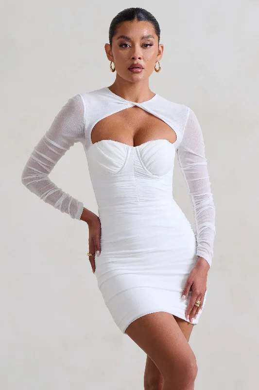 Women's mini dress talk flair -Daiquiri | White Ruched Cut Out Mesh Mini Dress With Long Sleeves