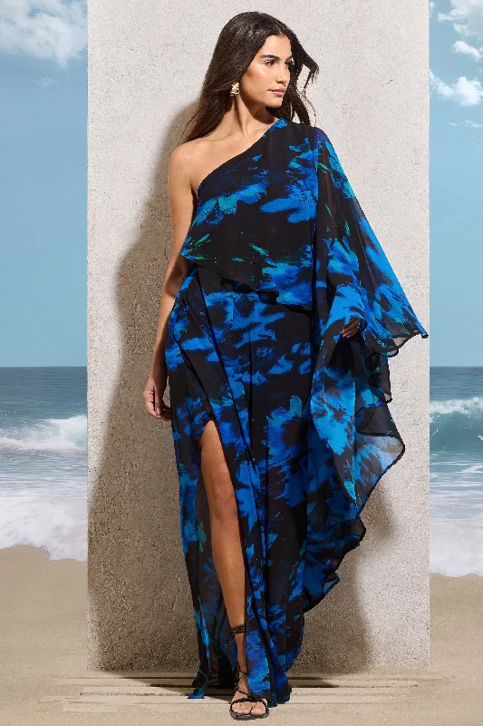 ladies-maxi-dress-statement-sweep-Ripple | Navy Floral Print Chiffon Oversized Asymmetric Maxi Dress