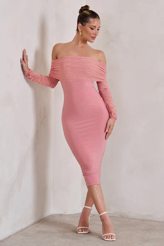 ladies-midi-dress-elastic-ease-Only You | Powder Pink Ruched Mesh Bardot Midi Dress