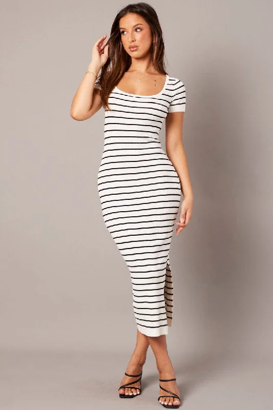 ladies-bodycon-dress-ash-airy-White Stripe Knit Dress Short Sleeve Bodycon Midi