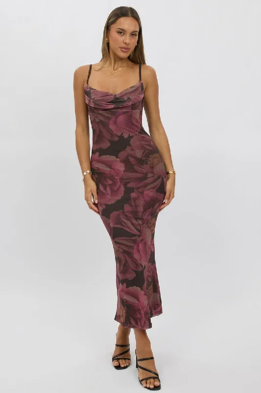 ladies-bodycon-dress-party-pizzazz-Pink Floral Bodycon Dress Singlet Cowl Neck Maxi