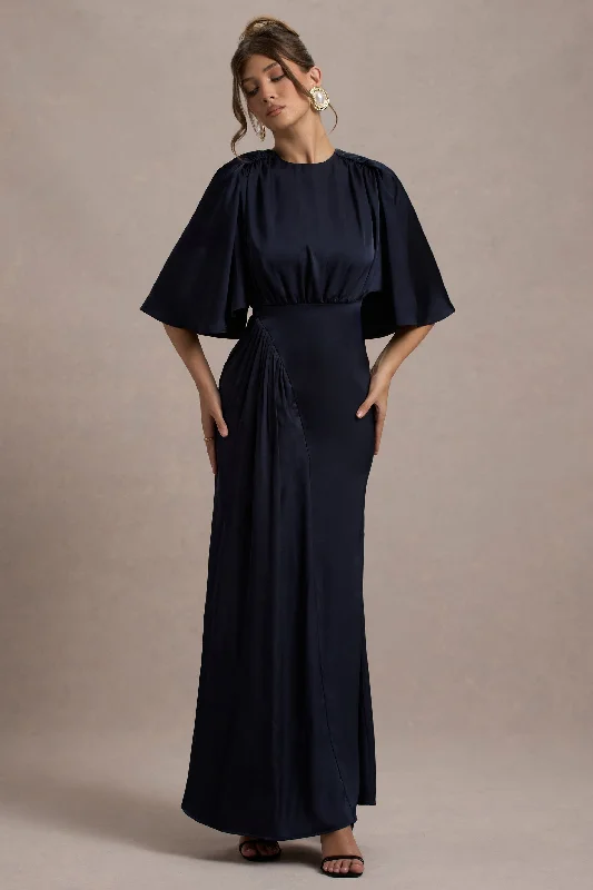 ladies-maxi-dress-lapis-luster-Cinder | Navy Satin Gathered Maxi Dress