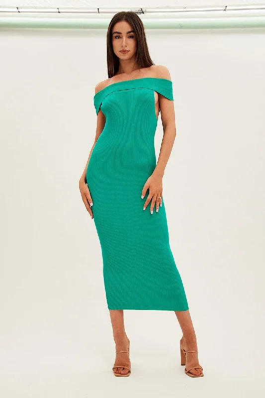 ladies-bodycon-dress-scoop-snug-Green Off Shoulder Dress Knit Bodycon Knit