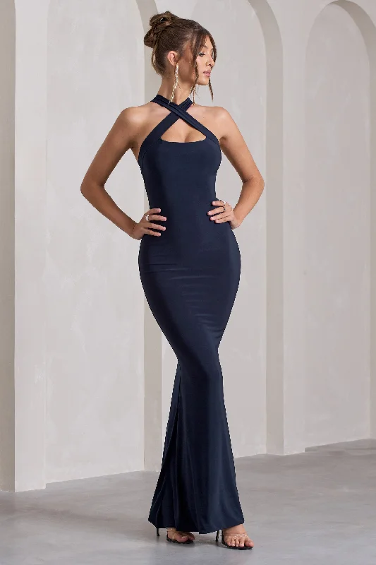 ladies-maxi-dress-navy-nimbus-Cross My Heart | Navy Sleeveless Cross-Neck Maxi Dress