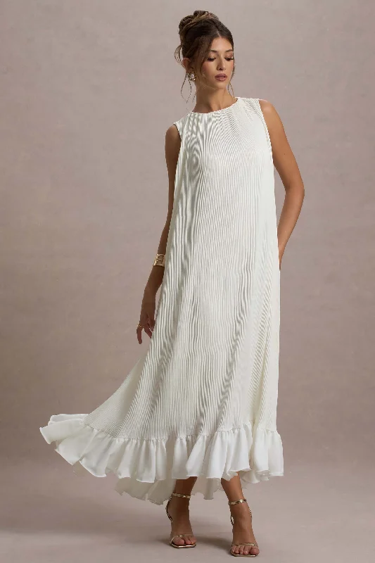 ladies-maxi-dress-work-to-wisp-Hazelle | Cream Chiffon A-Line Ruffled Maxi Dress