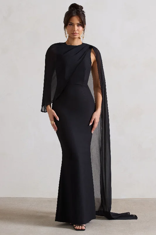 ladies-maxi-dress-versatile-vibe-Haze | Black High-Neck Maxi Dress With Chiffon Cape