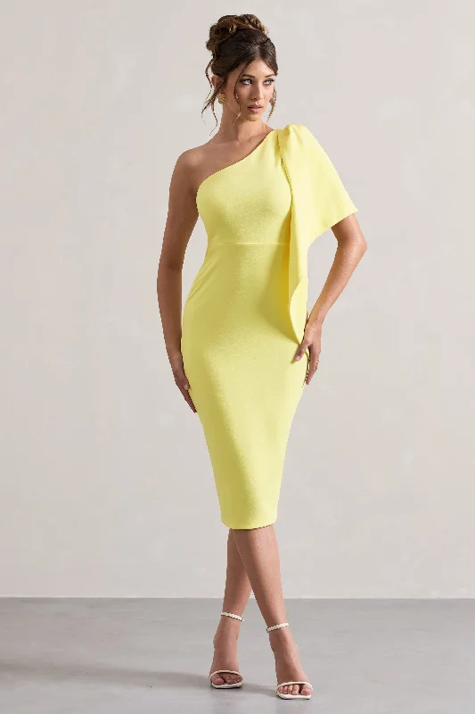 ladies-midi-dress-cerulean-charm-Carlana | Lemon Asymmetric Midi Dress With Ruffled Drape