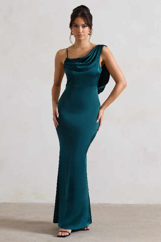 ladies-maxi-dress-dainty-dream-Wistful | Dark Green Satin Asymmetric Cowl-Neck Maxi Dress