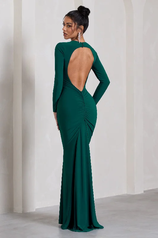 ladies-maxi-dress-low-cut-lure-Starring | Bottle Green Long-Sleeve Backless Maxi Dress