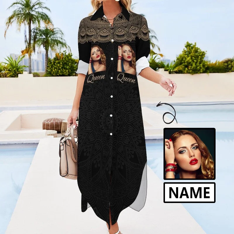 Women's shirt dress lace chic -Custom Face & Name Black Pattern Women's Long Sleeved Shirt Dress Casual Loose Maxi Dresses