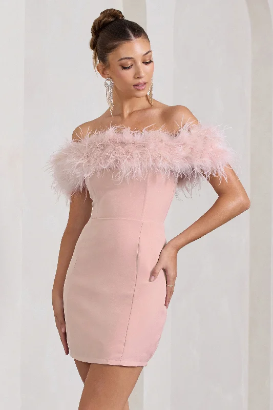 Women's mini dress city flair -Pure Delight | Pink Bardot Feather Mini Dress