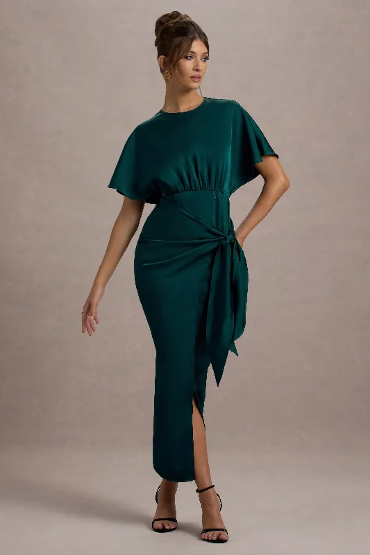 ladies-maxi-dress-eco-essence-Mika | Bottle Green Satin Short-Sleeve Wrap Maxi Dress