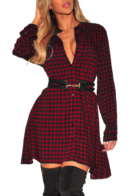 Women's shirt dress bump pop -Iyasson Long Sleeve Plaid Shirt Dress