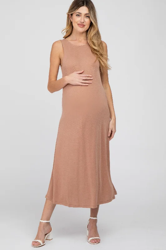 ladies-midi-dress-sustainable-sway-Mocha Low V-Back Sleeveless Maternity Midi Dress