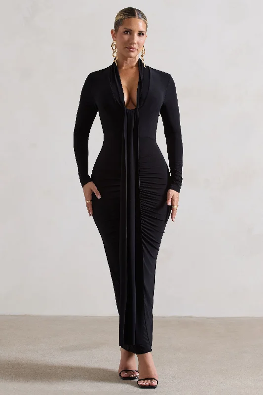 ladies-maxi-dress-flared-finesse-Risha | Black Plunge-Neck Long-Sleeve Drape Maxi Dress