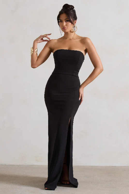 ladies-maxi-dress-edgy-elegance-Belle of The Ball | Black Bandeau Maxi Dress With Split Hem