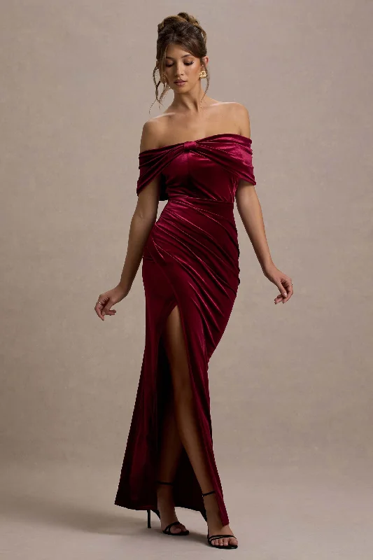 ladies-maxi-dress-lightweight-lure-Merelyn | Berry Velvet Bow Bardot Split Maxi Dress