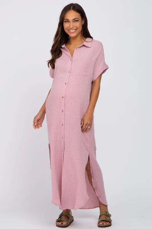 ladies-midi-dress-magenta-muse-Light Pink Button Down Maternity Midi Dress