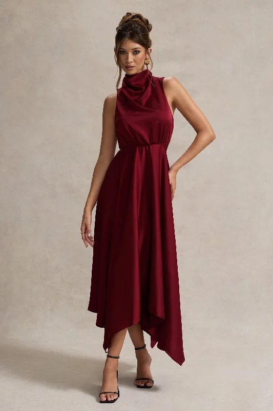 ladies-maxi-dress-seasonal-sway-Kerri | Berry Satin Cowl-Neck Maxi Dress