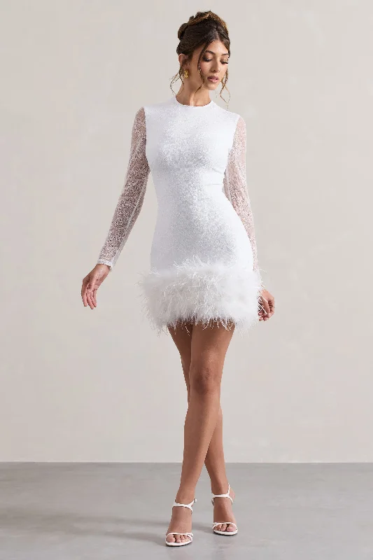 Women's mini dress knit flair -Mariana | White Lace Long-Sleeve Mini Dress With Feather Trim