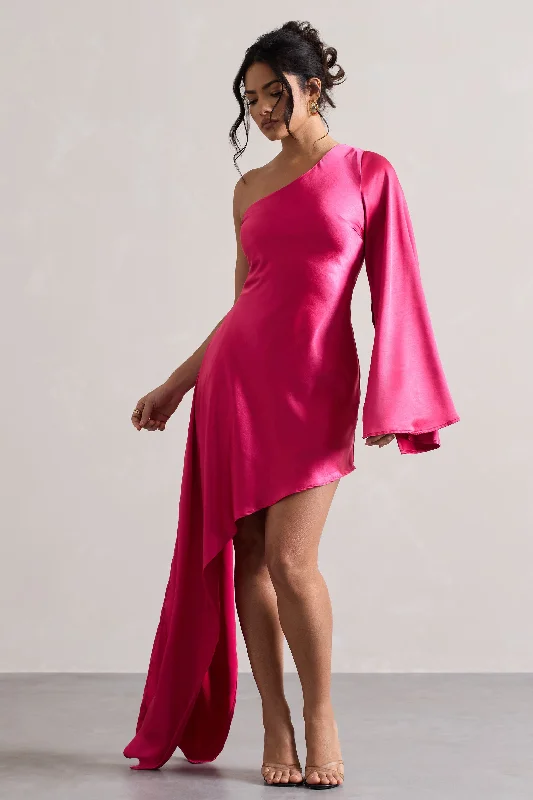 Women's mini dress mint flair -Hanna | Hot Pink One Shoulder Asymmetric Draped Satin Mini Dress