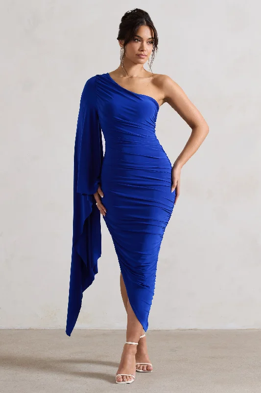 ladies-midi-dress-sepia-sweep-Halsey | Royal Blue Ruched One Shoulder Asymmetric Midi Dress