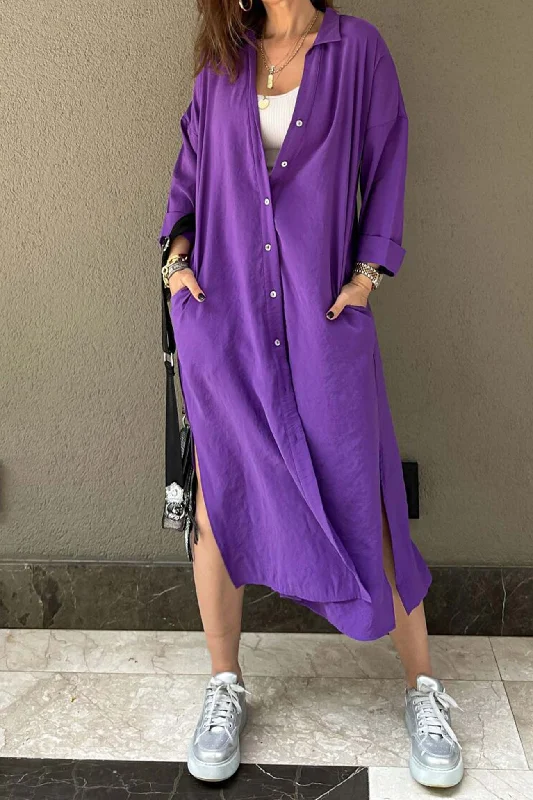 Women's shirt dress shy chic -TastyHottie - Solid Color Single-breasted Slit Shirt Dress