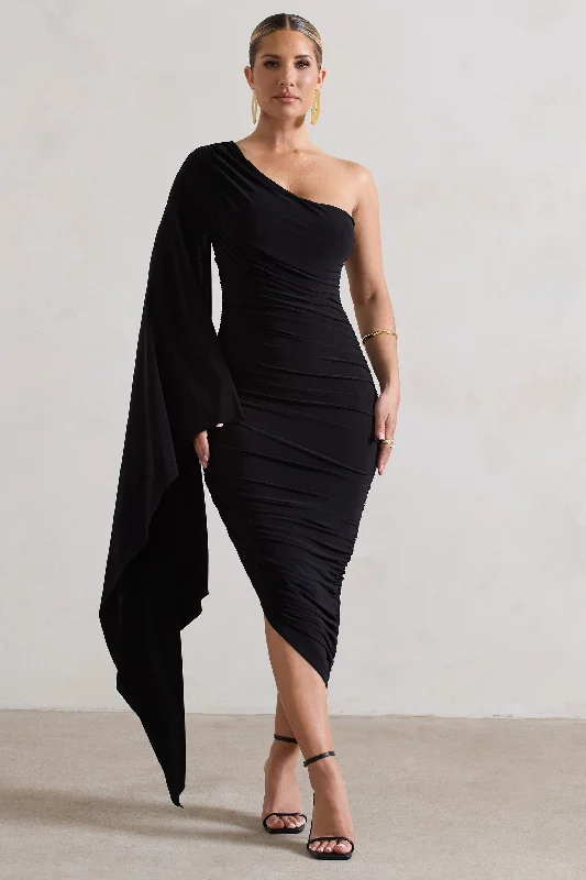 ladies-midi-dress-prom-prance-Halsey | Black Ruched One Shoulder Cape Sleeve Asymmetric Midi Dress