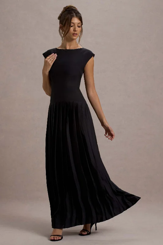 ladies-maxi-dress-timeless-tide-Arna | Black Boat-Neck Pleated Maxi Dress