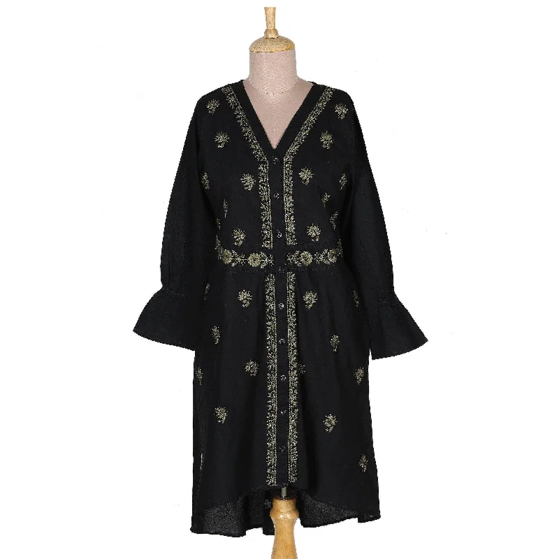 Women's shirt dress sway flair -NOVICA Embroidered cotton shirtdress Lucknow Bouquet