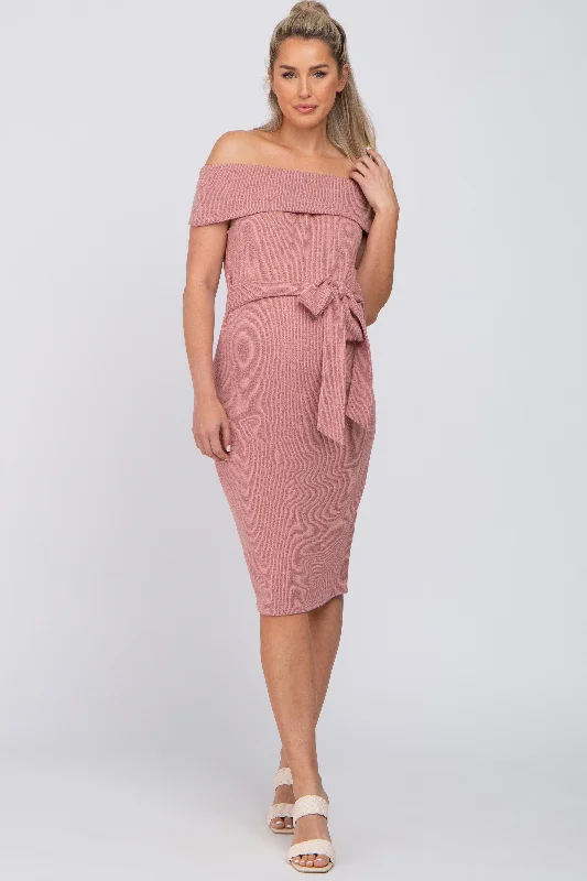 ladies-midi-dress-cocktail-chic-Mauve Folded Off Shoulder Waist Tie Maternity Midi Dress