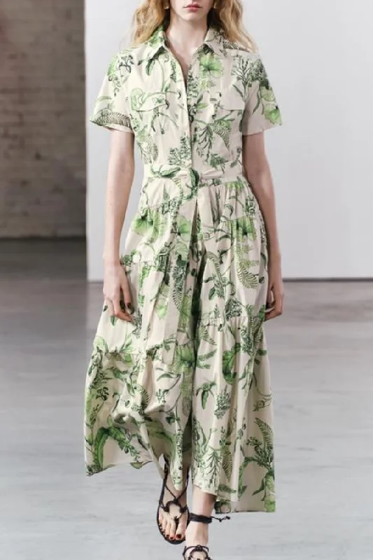 Women's shirt dress sheer pop -Green Floral Print Shirt Long Dress